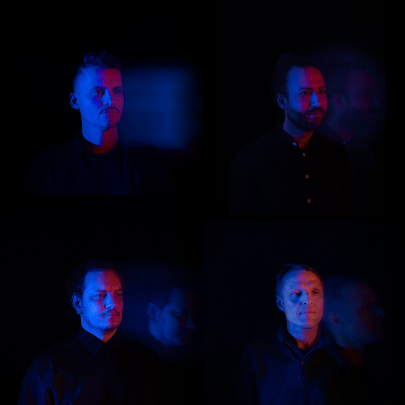 DRIVEN BY CLOCKWORK — four individual portraits in split blue and red light.